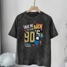 Washed Shirt Take Me Back To The 90s Letter Slogan Flower Tape Pattern Printed T-Shirts. Beach Fashion T-Shirts - Black - View 1