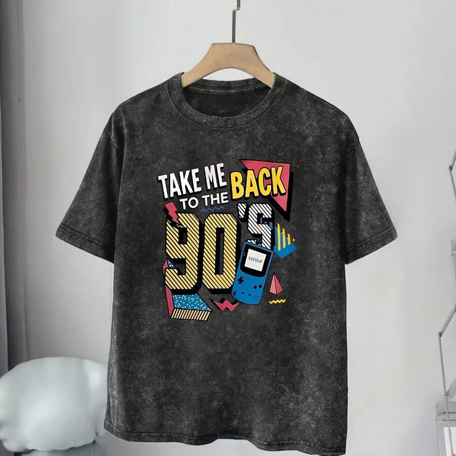Washed Shirt Take Me Back To The 90s Letter Slogan Flower Tape Pattern Printed T-Shirts. Beach Fashion T-Shirts - Black - View 1