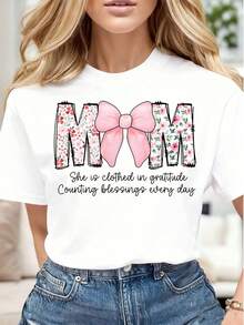 Women's Casual T-Shirt With Pink Bow Print And Gratitude Message, Soft And Comfortable, Suitable For Spring, Summer And Autumn, Simple And Elegant. - 白色 - 查看 1