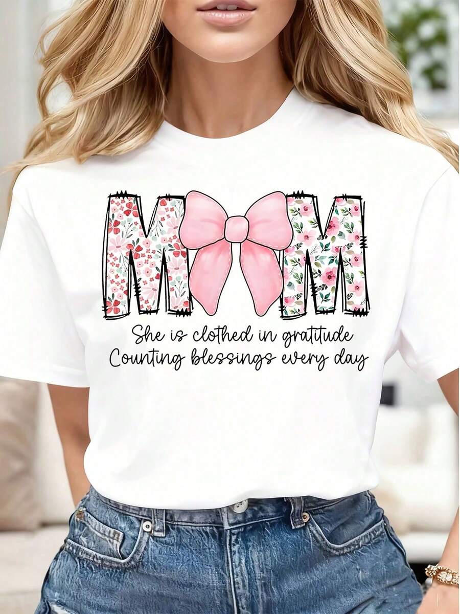 Women's Casual T-Shirt With Pink Bow Print And Gratitude Message, Soft And Comfortable, Suitable For Spring, Summer And Autumn, Simple And Elegant. - 白色 - 查看 1