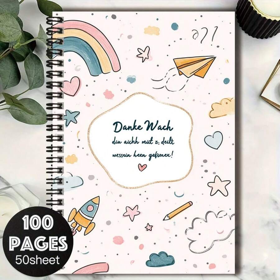 1pc Cute Hand-Drawn Spiral Coil Notebook, Cover With Rainbow, Paper Airplane And Other Childlike Patterns, With Heartwarming German Text. 100 Pages Practical Inner Pages, Suitable For Work Records, Study Notes, Diary Writing, Etc. Great Choice For Graduation Gifts, Birthday Gifts, Daily Planning, Memo Pads. - I - View 1