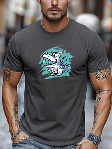 Camiseta de hombre de talla, relajada y casual, cómoda y versátil, camiseta de verano de cuello redondo con estampado de cocodrilo de dibujos animados para hombre. - Gris Oscuro - Ver 1