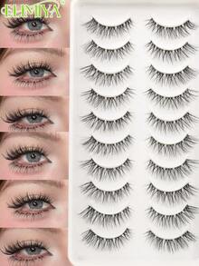10 Pairs Cat Eye False Eyelashes With Extended Outer Corners, 3D Fluffy Natural Soft Invisible Transparent Band - Black - View 1