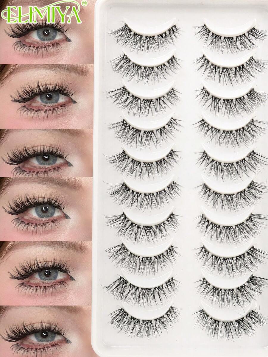 10 Pairs Cat Eye False Eyelashes With Extended Outer Corners, 3D Fluffy Natural Soft Invisible Transparent Band - Black - View 1