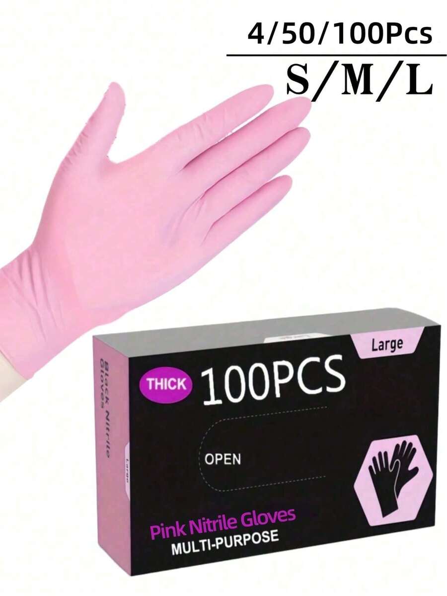 100入拋棄式丁腈手套，粉紅色，S/M/L尺寸可選。耐用家用清潔手套，適用於廚房、浴室、清潔、美容、染髮及寵物護理（無包裝盒）。4/50/100入