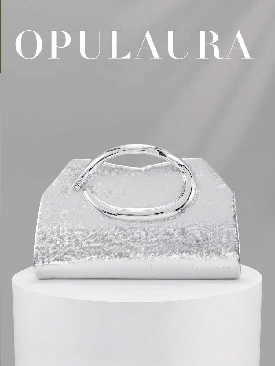 OpulAura 1件裝 女款優雅銀色皮革手提包,奢華天鵝絨晚宴包,適合正式禮服、婚禮、生日派對及畢業舞會 - 銀色 - 查看 1