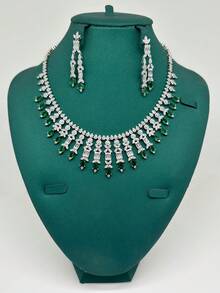 Juego de 4 piezas de joyería de lujo de Oriente Medio Dubái con perlas, heavily adornado, blanco & verde, con circonita y borlas, accesorios de joyería para novia y fiesta paquistaní y saudí, regalo - Verde - Ver 5