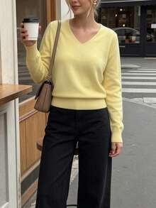 GIGOGOU Women's Basic Knit Pullover Sweater For Autumn/Winter, Soft And Comfortable V-Neck Casual Knit Top, Minimalist Style Yellow Fall - Yellow - View 3