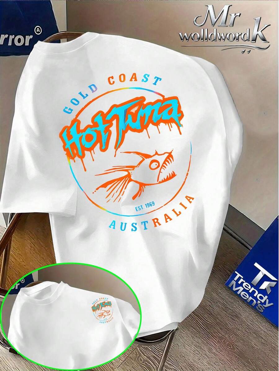 Camiseta de manga corta con estampado de bacalao tropical de la Gold de Australia, estilo graffiti callejero americano, unisex, de cuello redondo, de corte holgado y tejido de punto, a - Blanco - Ver 1
