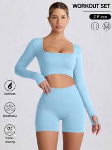 VVX Women's Seamless Sports Yoga Set Long-Sleeved Shorts Thumbholes Slim High-Waist Tummy Control Sports Set - 天藍色 - 查看 1