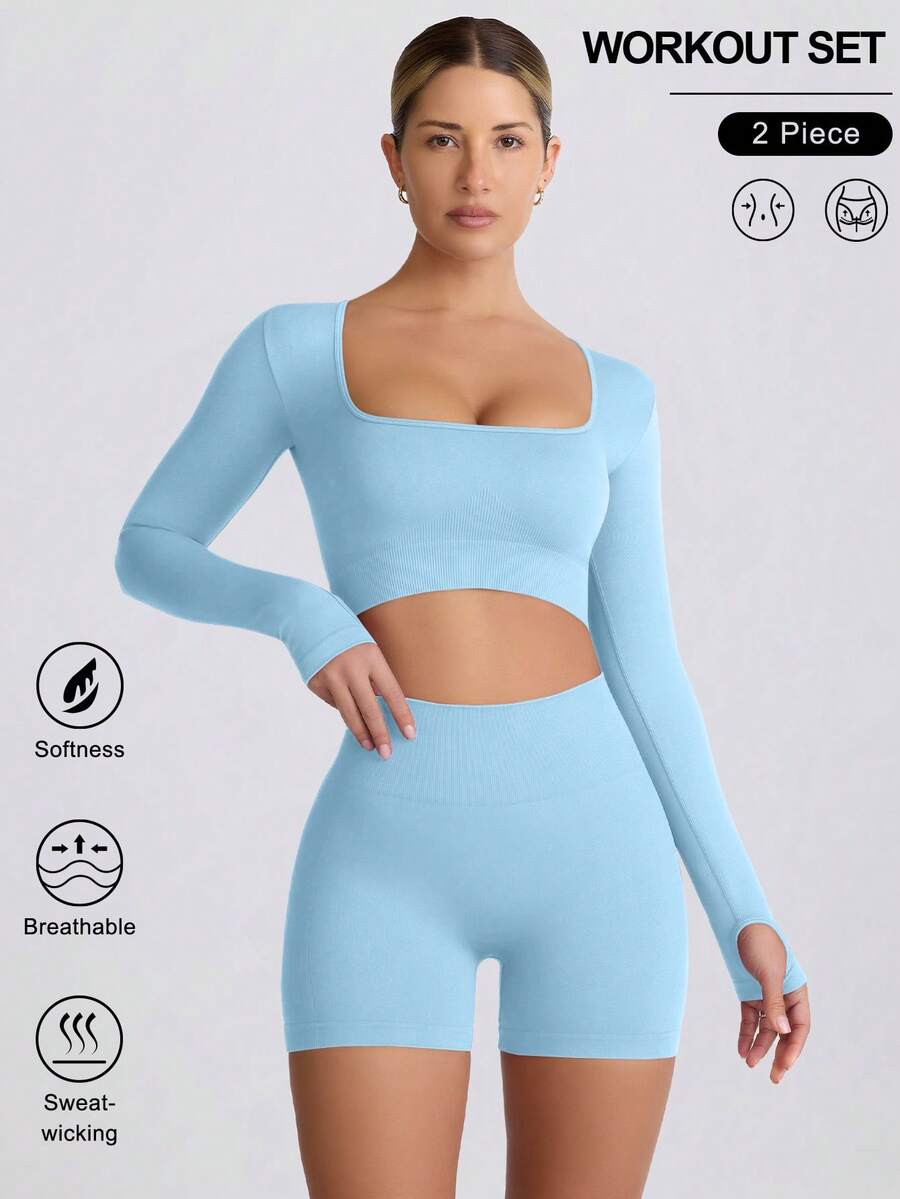 VVX Women's Seamless Sports Yoga Set Long-Sleeved Shorts Thumbholes Slim High-Waist Tummy Control Sports Set - 天藍色 - 查看 1