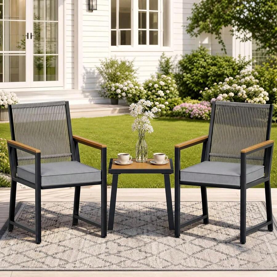 3-Piece Set, 2 Rattan Garden Chairs With Table, Rattan Garden Furniture Set, Up To 160 Kg, Weather-Resistant Garden Furniture Group, WPC Armrests, Patio Furniture Set, For Terrace, Garden, Veranda - Dark Gray Rattan + Gray Mat - View 1
