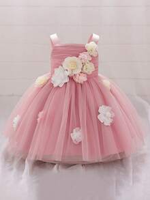 Baby Girls Sleeveless Pink 3D Floral Mesh Cute Flower Girl 1st Birthday Party Puffy Princess Dress, Headband Not Included - Dusty Pink - View 4