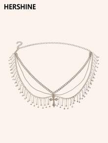 Hershine 1pc Zinc Alloy Silver Rhinestone Tassel Chain Multi-Layer Waist Chain Fashionable Gorgeous Elegant Women's Dress Waist Chain Accessory - M333 Silver Rhinestone Tassel Multi-layer Waist Chain - View 2