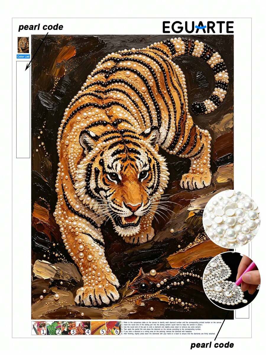 Pearl Painting Tiger Theme Frameless DIY Handmade Rhinestone Creative Diamond Painting Set, Suitable For Bedroom Decoration, Living Room Wall Art, Room Decor, Artwork, Gift For Friends - No Frame - View 1