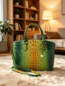 Elegant Crocodile-Embossed Handbag - Opulent Gradient Vintage Style - Spacious Women's Purse With Durable Top Handle - Ideal For Everyday - 7#黃+綠 - 查看 1