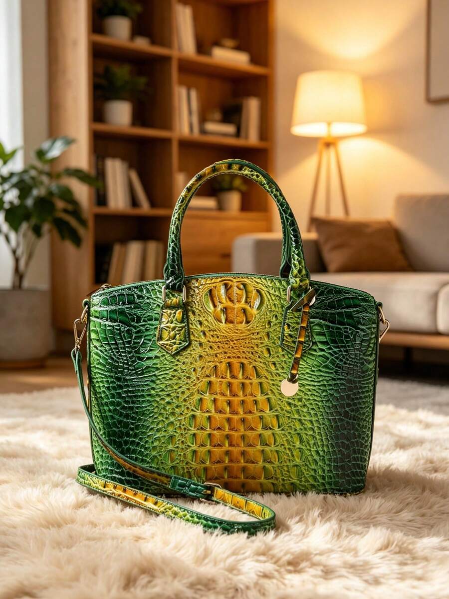 Elegant Crocodile-Embossed Handbag - Opulent Gradient Vintage Style - Spacious Women's Purse With Durable Top Handle - Ideal For Everyday - 7#黃+綠 - 查看 1