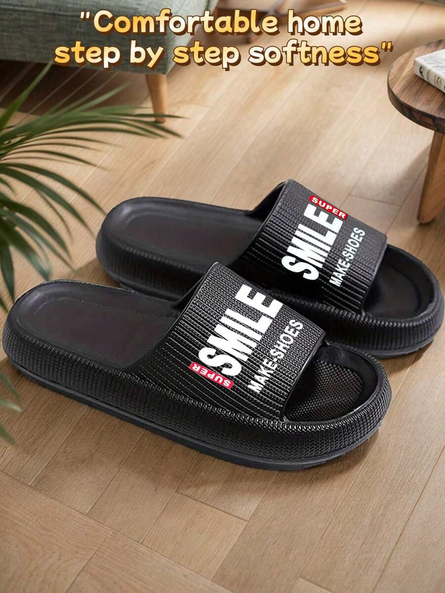 Pantuflas de moda para hombre con suela gruesa de 3CM, rayas y letras, material EVA antibacteriano, protección para los pies, suaves, ligeras y cómodas, adecuadas para interiores, baño, dormitorio, playa y otras ocasiones, sandalias versátiles de estilo deportivo casual unisex en color negro
