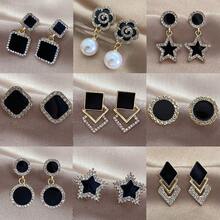 12pcs Exquisite Rhinestone & Oil Drop Black Square Earrings For Women, Minimalist Luxury Fashion Versatile Ear Drops - Multicolor - View 1