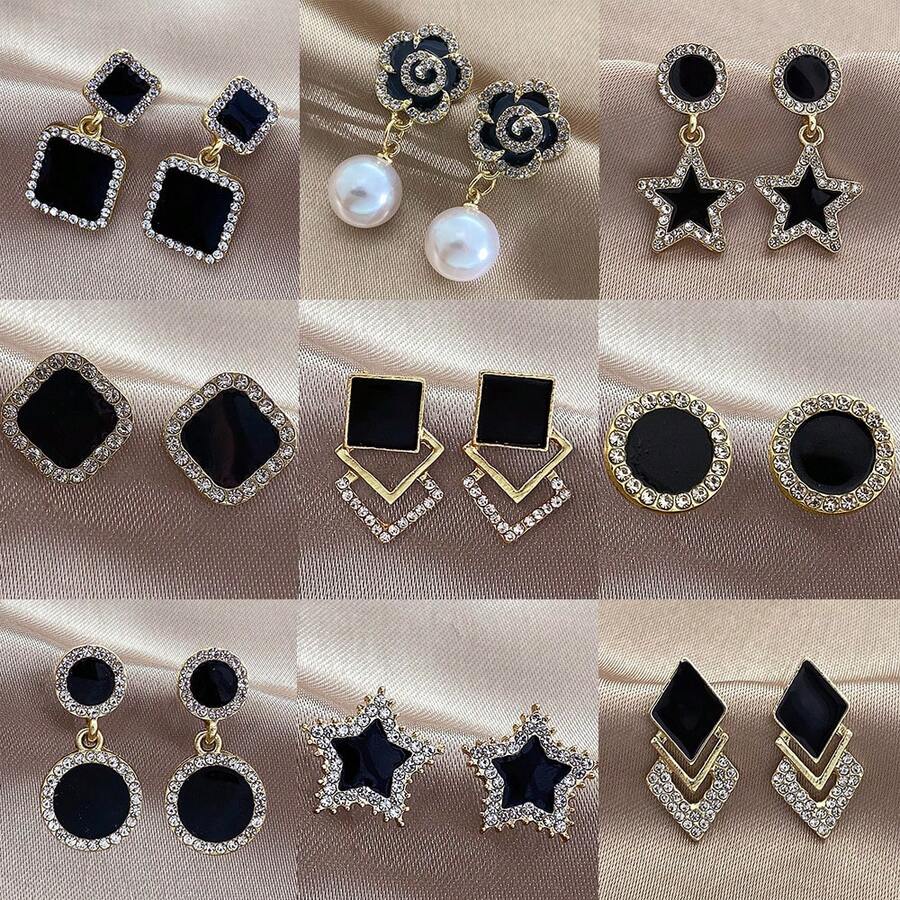 12pcs Exquisite Rhinestone & Oil Drop Black Square Earrings For Women, Minimalist Luxury Fashion Versatile Ear Drops - Multicolor - View 1