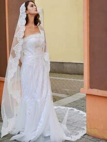 1pc White Soft Tulle Lace Edge 3 Meters Bridal Veil, Suitable For Church Wedding, Engagement Ceremony, Wedding Photography Accessory - Multicolor - View 7