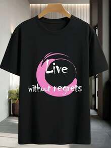 T-shirt grafica da uomo "Live Without Regrets" in cotone di alta qualità, vestibilità ampia, stile street hip-hop, comoda, stampa artistica. - nero - Visualizzare 2