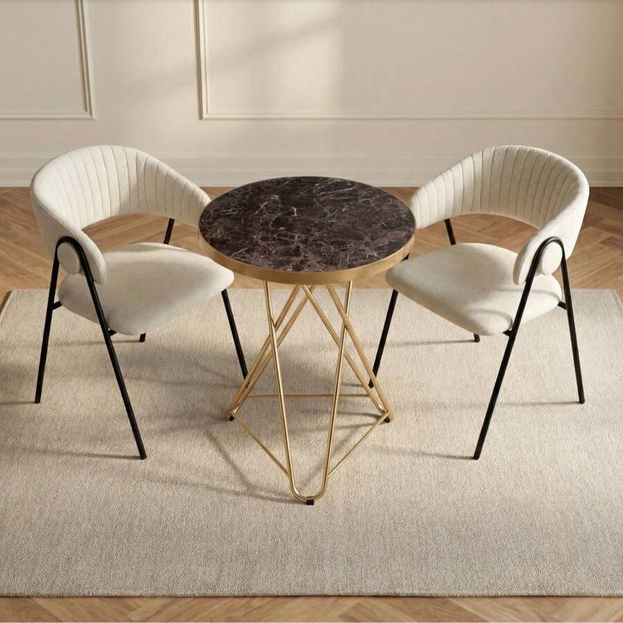 3 Colors Available Round Small Table, 60cm Marble Pattern Tabletop With Gold Steel Frame, Suitable For Living Room/Apartment/Balcony/Small Dining Area - Brown - View 1