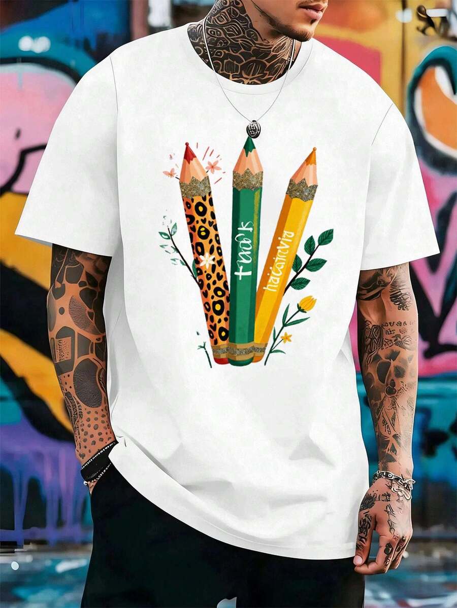 Pencil Leopard Print T-Shirt, Quality Fabric, Loose Fit, Hip-Hop Street Style, Comfortable, Art Print - White - View 1