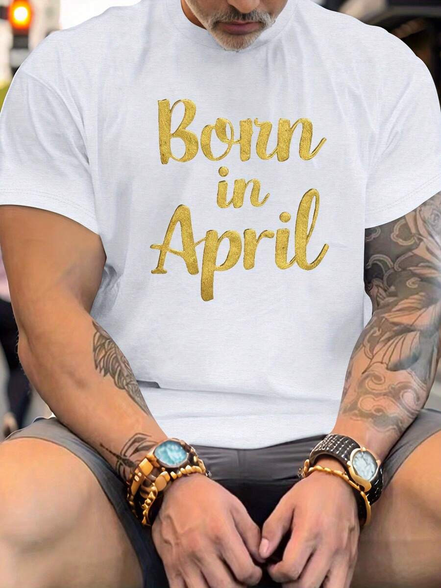 Camiseta de talla para hombre con diseño de letras doradas para el mes de nacimiento - Abril | Camiseta de manga corta con cuello redondo, ligera y transpirable. | Opciones de reg - Blanco - Ver 1