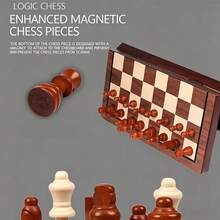 1 Set Large Solid Wood Chess & Checkers Combo Set, Foldable Game Board With Built-In Storage Box - Multicolor - View 4
