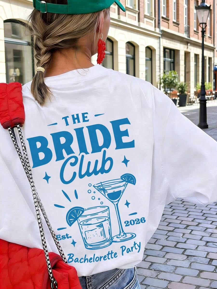 1件女款夏季寬鬆休閒短袖T恤上衣,Bride Club新娘俱樂部單身女派對印花圖案,度假風,白色,透氣 - 白色 - 查看 1