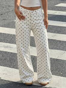Women's Cute Polka Dot Straight Leg Jeans, Casual Long Pants, Button And Zipper Detail Design, Non-Stretch Fabric - White - View 5