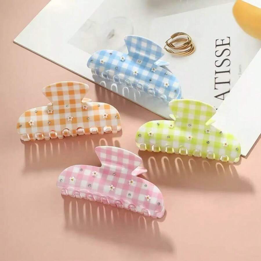1pc Fashionable Vintage Portable Lightweight Daily Commute Versatile Plaid Casual PEVA (Polyethylene-Vinyl Acetate) Small Flower Rhinestone Shark Claw Hair Clip Summer Hair Accessories - Multicolor - View 1