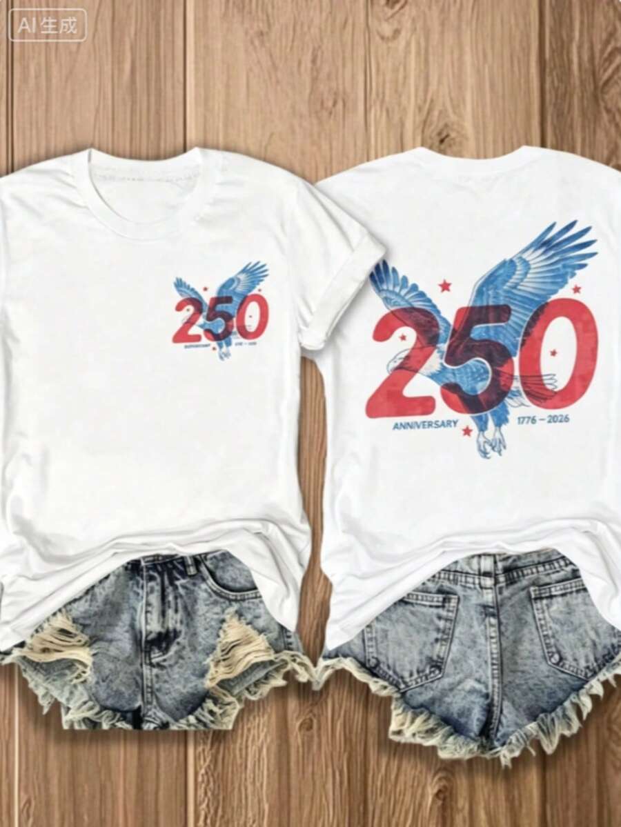 Playera Casual Corte HolgadoWomen's 4th Of July Red White & Blue Heart Flag Graphic T Shirt, Double Sided Courtesy Of The Print Summer Tops - 白色1 - 查看 1