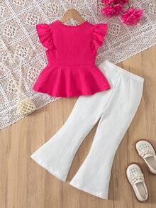 Ensemble 2 pièces/set pour jeune fille, top pull à manches courtes avec col rond, motif ondulé bicolore rouge & blanc, fleur 3D, et pantalon long évasé à taille élastique avec nœud 3D, style décontracté mode, pour le quotidien, les sorties du week-end, l'école, ensemble pantalon long d'été pour filles - Rouge et Blanc - Voir 7