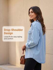 Women's Oversized Denim Shirt, Long & Short Sleeve Classic Pocket Jean Blouse, Casual Back To School Camisas De Mujer Elegantes - Light Blue - View 6