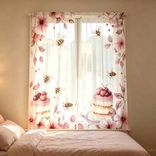 2pcs Watercolor Cherry Blossom & Cake Sheer Curtains-Adorned With Cherry Blossom, Cake, And Bee Motifs; Light-Filtering With 2D Flat Printing; Suitable For Bedrooms, Living Rooms, Dining Rooms, And Kitchens. - Multicolor - 2pcs - View 2