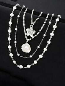 Juego de 4 piezas de collar con colgante de flor de perla, concha y borla, con accesorios de moda y versátiles - Juego de flores de conchas marinas 2 - Ver 3