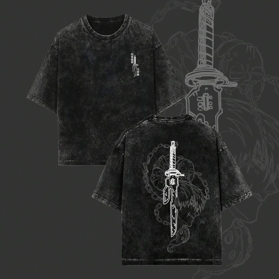 Camiseta vintage de gran tamaño con efecto lavado Toji, unisex, estilo anime/manga, de algodón ligero, sudadera con capucha y suéter, regalo para fans de anime, amantes del anime, camiseta d - Negro - Ver 1