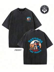 Men's Vintage Acid Wash T-Shirt - Retro Pin Up Graphic Design "Tattoos Are Trashy", Casual Short Sleeve Cotton Summer T-Shirt,  Streetwear, Great Gift For - 黑色 - 查看 1