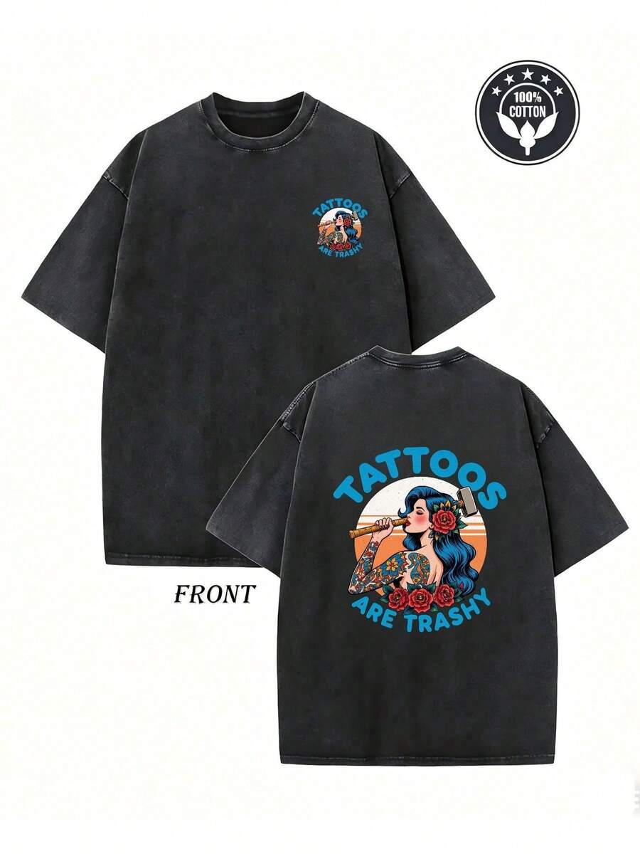 Men's Vintage Acid Wash T-Shirt - Retro Pin Up Graphic Design "Tattoos Are Trashy", Casual Short Sleeve Cotton Summer T-Shirt, Streetwear, Great Gift For - 黑色 - 查看 1