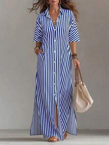 Plus Size Women's Striped Single-Breasted Casual Daily Shirt Dress Elegant Summer - Royal Blue - View 1