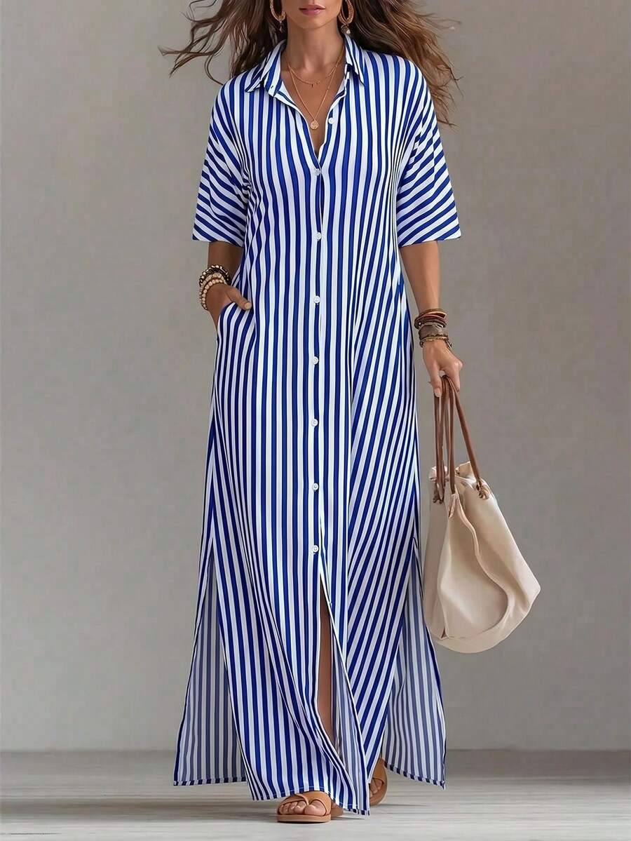 Plus Size Women's Striped Single-Breasted Casual Daily Shirt Dress Elegant Summer - Royal Blue - View 1