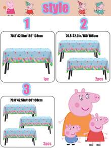 Mantel desechable con estampado de grupo de Peppa Pig sobre base azul, diseño de borde con globos punteados combinado con material PE impermeable. Disponible en opciones de juego de varias piezas, tela a prueba de aceite y fácil de desechar, perfecta para la decoración de mesas de fiestas temáticas y banquetes - Multicolor - Ver 1