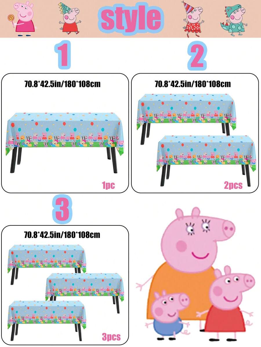 Mantel desechable con estampado de grupo de Peppa Pig sobre base azul, diseño de borde con globos punteados combinado con material PE impermeable. Disponible en opciones de juego de varias piezas, tela a prueba de aceite y fácil de desechar, perfecta para la decoración de mesas de fiestas temáticas y banquetes - Multicolor - Ver 1