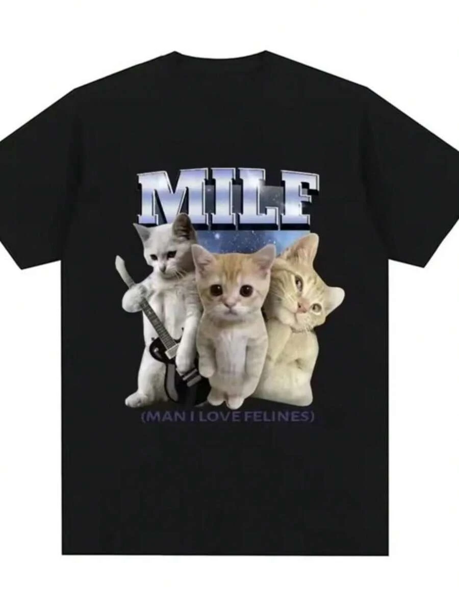 Soft Short Sleeve Round Neck T-shirt Featuring a Humorous Cat Illustration, Stylish Regular Length Top for Cute Casual Outfits - Negro - Ver 1