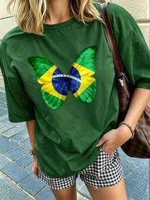 100% Cotton Women's T-Shirt, Relaxed-Fit Slogan Print New Summer And All-Season Sportswear Stylish, Soft And Breathable Women's Short-Sleeved Top - Grass Green - View 3