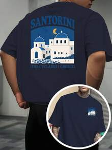Camiseta estampada con temática del paisaje griego de Santorini, diseño de doble cara en la parte delantera y trasera, camiseta de manga corta para hombre, adecuada para el uso diario casual - Negro - Ver 10