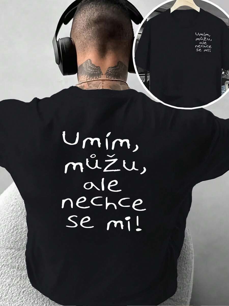 Kreatives, beidseitig bedrucktes Herren--Shirt im Design,-Shirt mit lustigem tschechischem Textdruck, einzigartige Sprache, vielseitig und stilvoll, geeignet für Freizeitkleidung zu Hause und Outdo - Schwarz - Übersicht 1