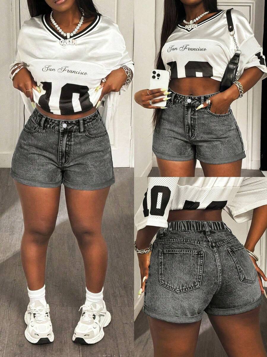 Pantalones cortos de mezclilla casuales y versátiles con botones y bolsillos para mujer de talla grande - Gris - Ver 1
